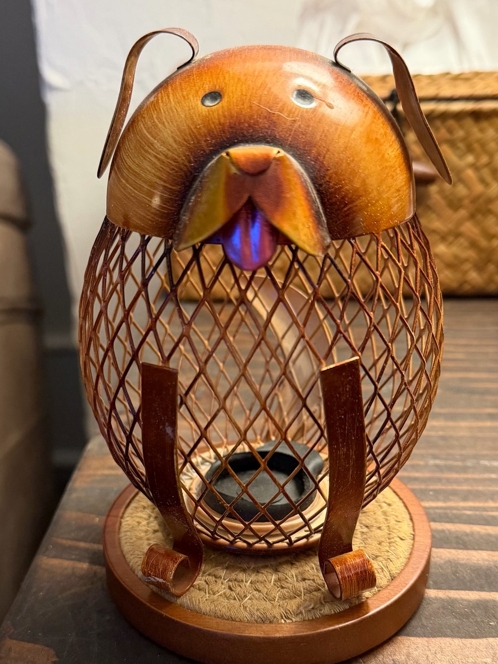 Whimsical Metal Dog Change Bank in Warm Copper Tones